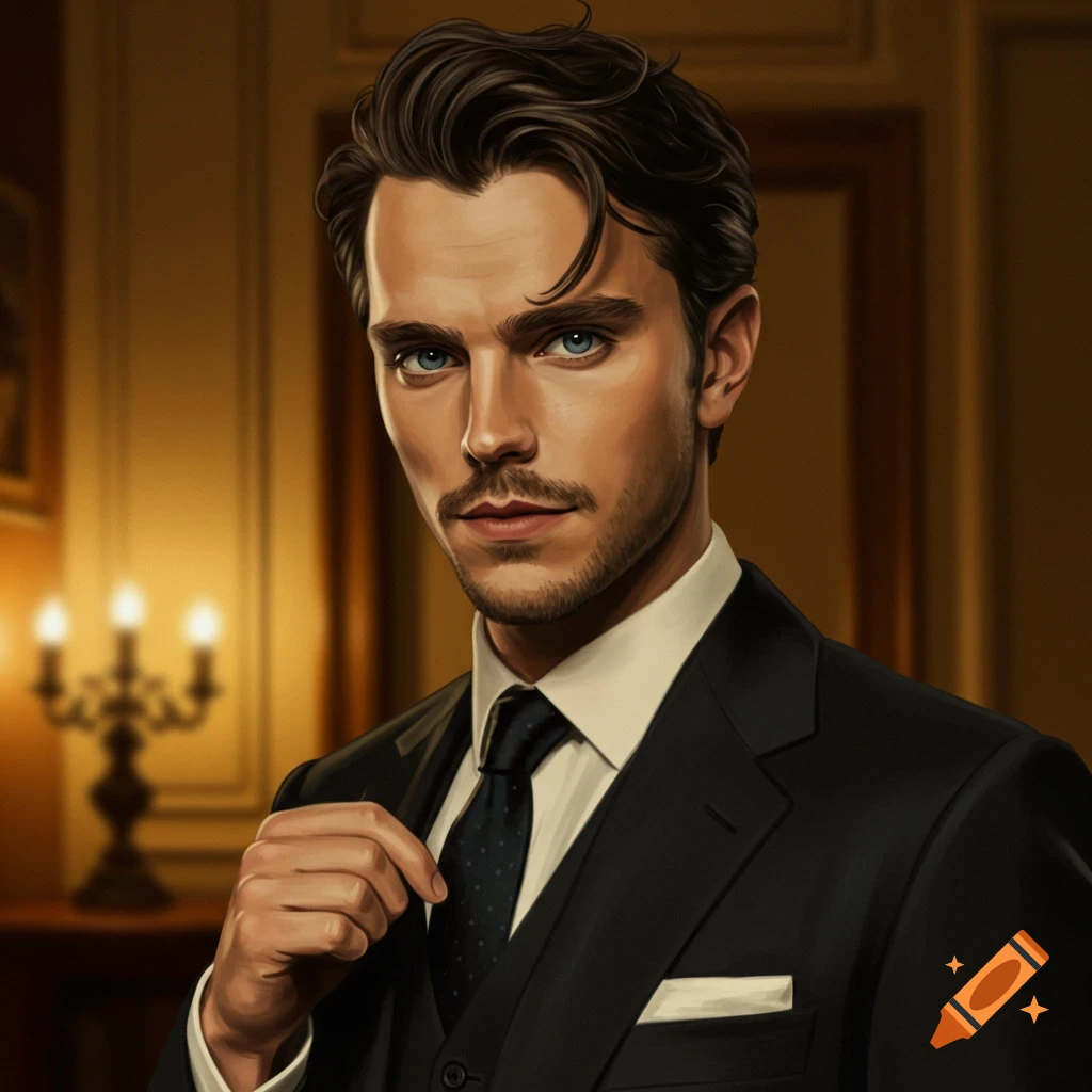 A handsome man in a dark suit with a tie and pocket square adjusts his tie in an elegant room.