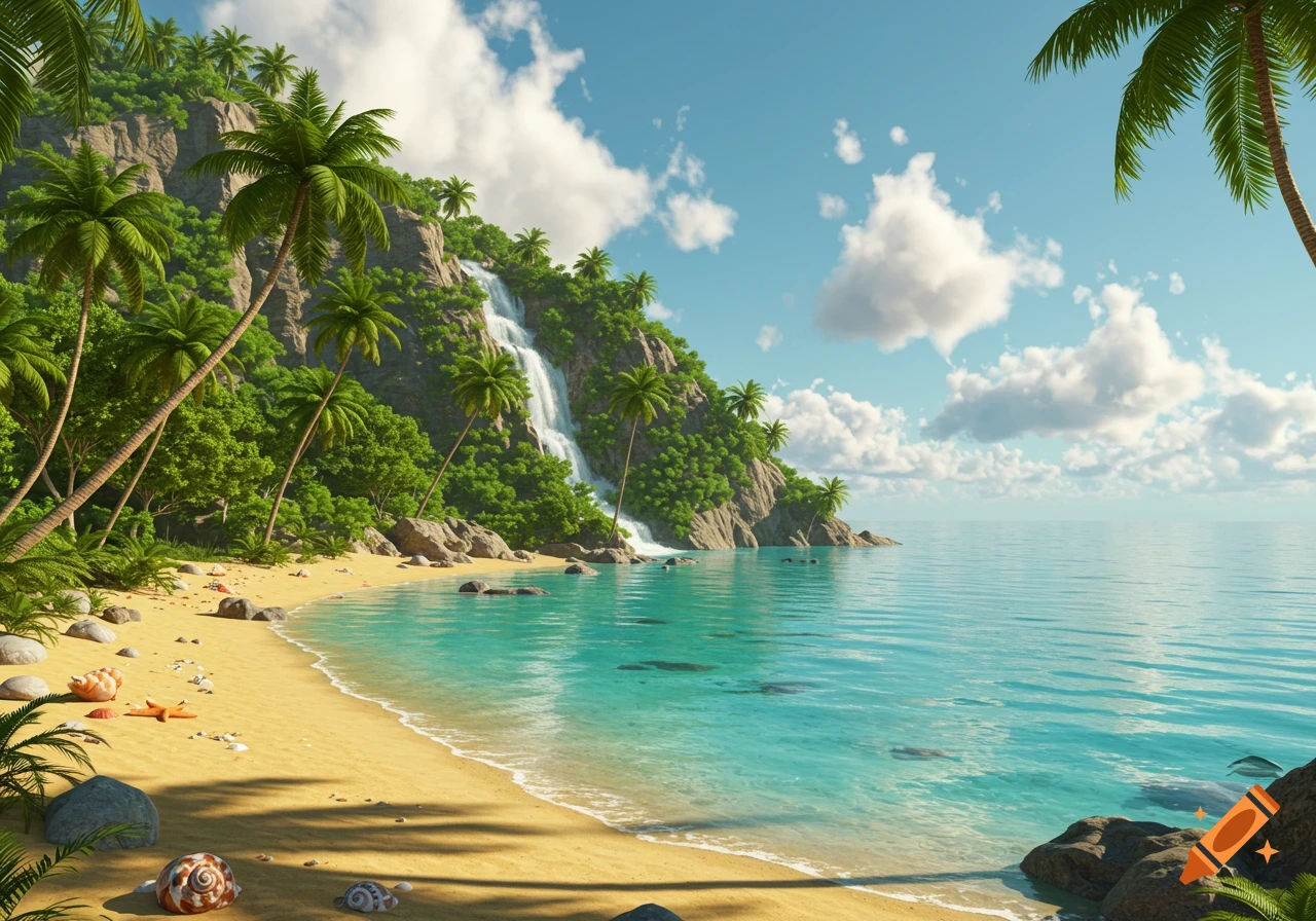 Photorealistic tropical beach with palm trees, a waterfall cascading down a lush green cliff, and clear turquoise ocean under a blue sky.