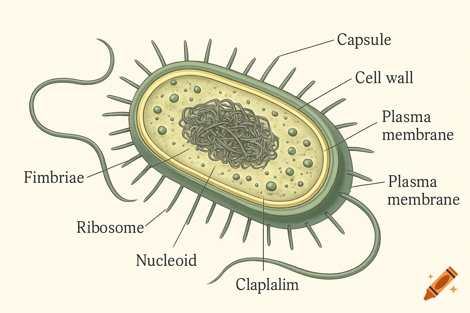 A colorful diagram of a prokaryotic bacterial cell with various parts labeled, including the capsule, cell wall, plasma membrane, and nucleoid.