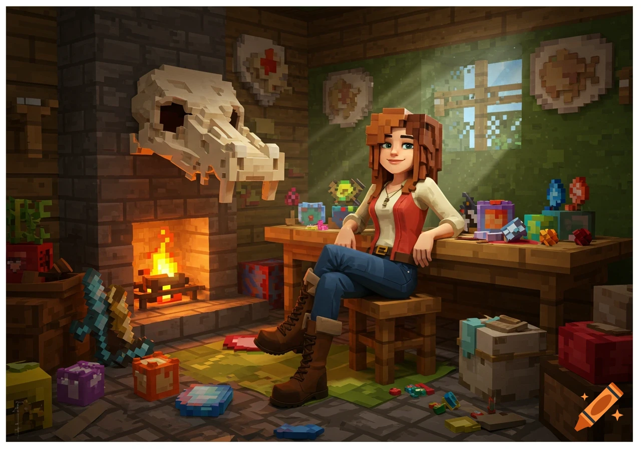 A Minecraft-style young woman sits in a cozy crafting room with an Enderdragon skull above a fireplace.