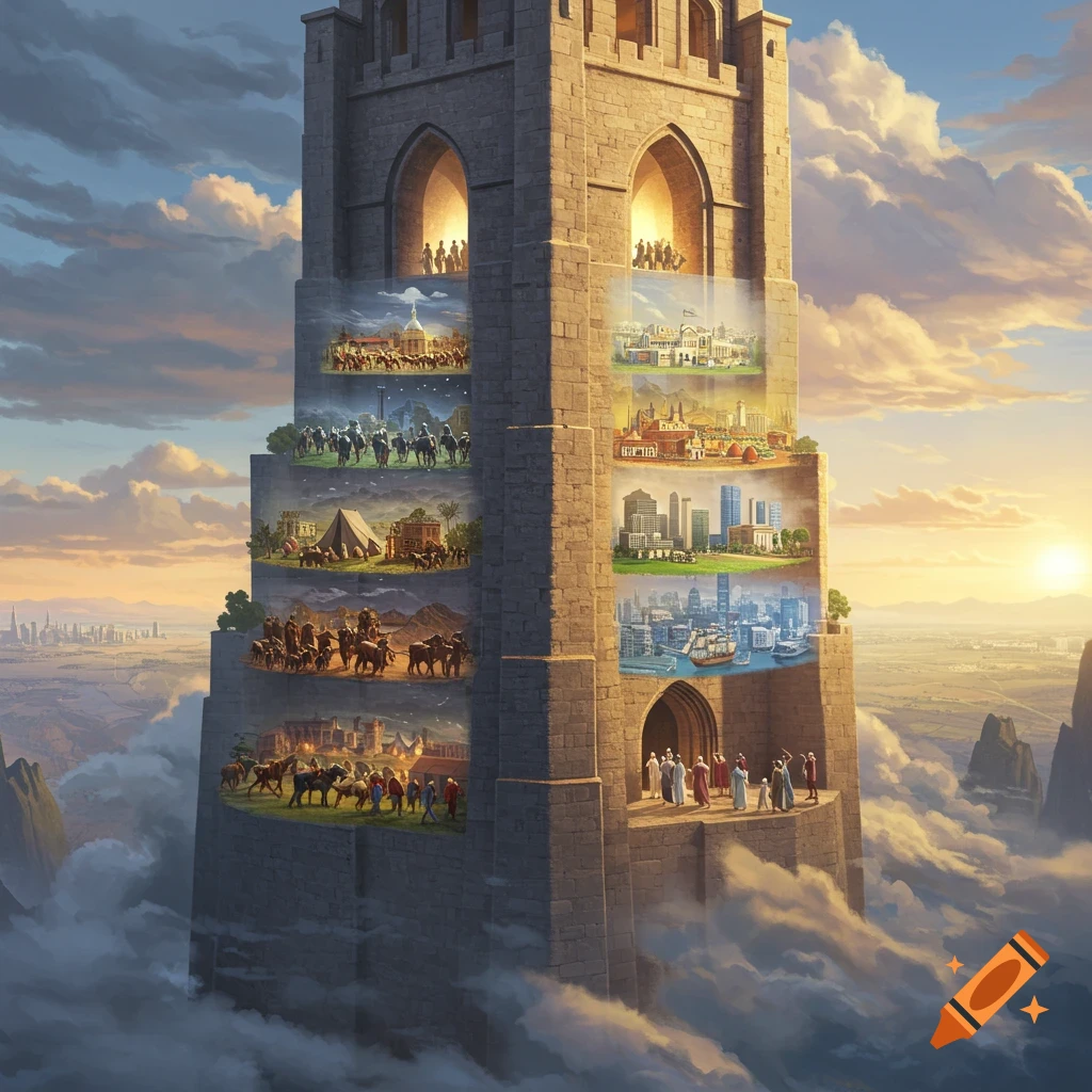 Colossal stone tower reaching into clouds, with layered historical scenes from ancient to modern times on its sides, under a dramatic sky.