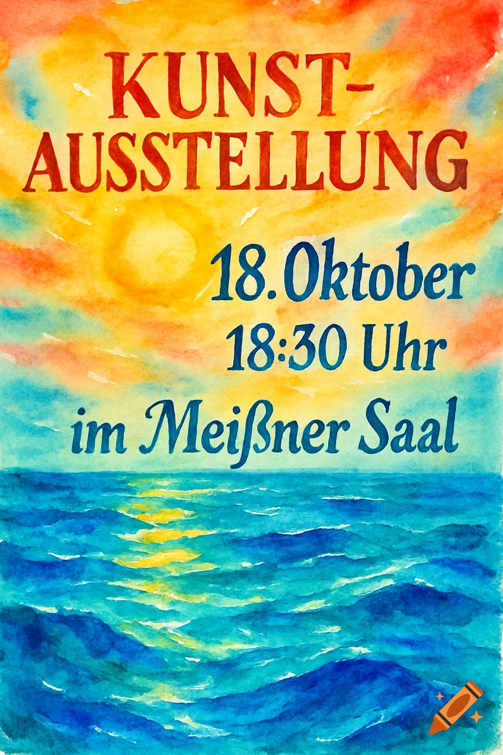 Watercolor poster: 'KUNST-AUSSTELLUNG', '18. Oktober', '18:30 Uhr', 'im Meißner Saal' over a sunset and sea.