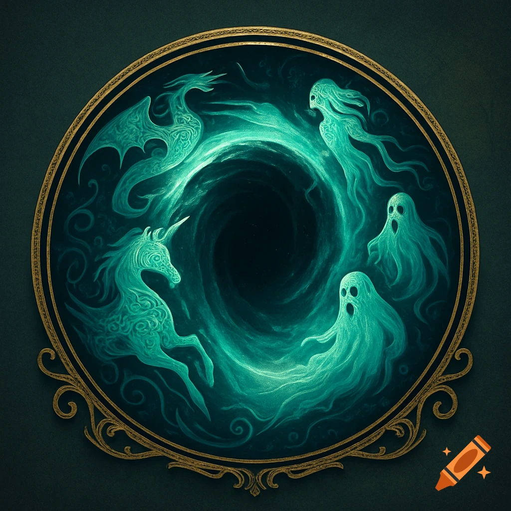 A dark mystical logo with a teal swirling vortex, framed by gold, featuring a dragon, unicorn, and ghosts.