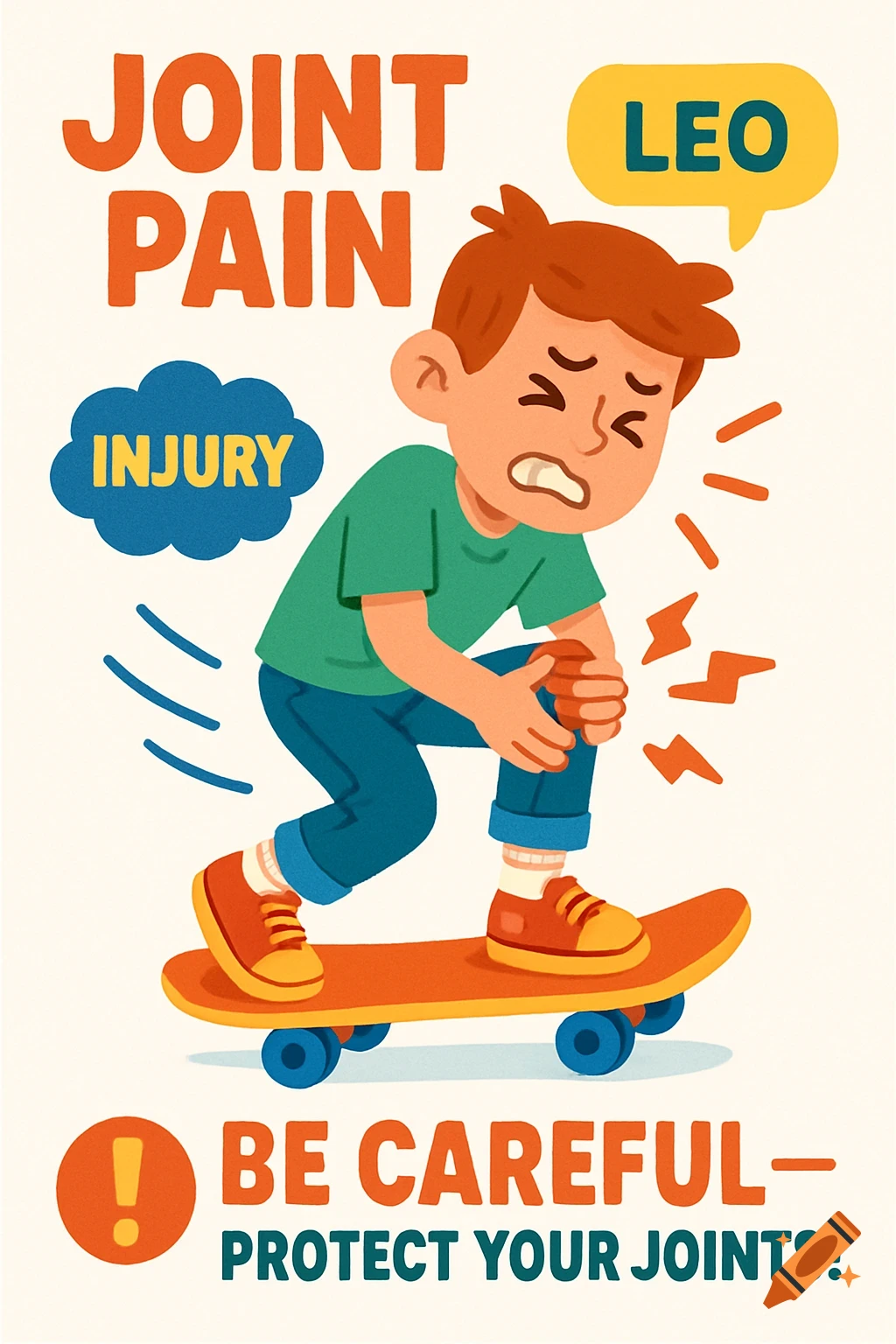 A cartoon educational poster shows a boy named Leo on a skateboard, grimacing and holding his knee in pain. Text reads "Joint Pain," "Injury," and "Be Careful - Protect Your Joints!"