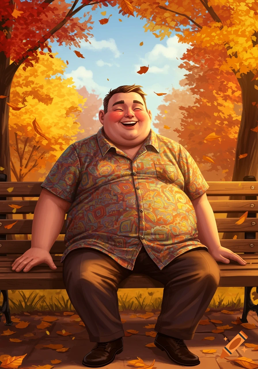 A cheerful, heavy-set man sits on a park bench under colorful autumn trees with falling leaves, smiling broadly.