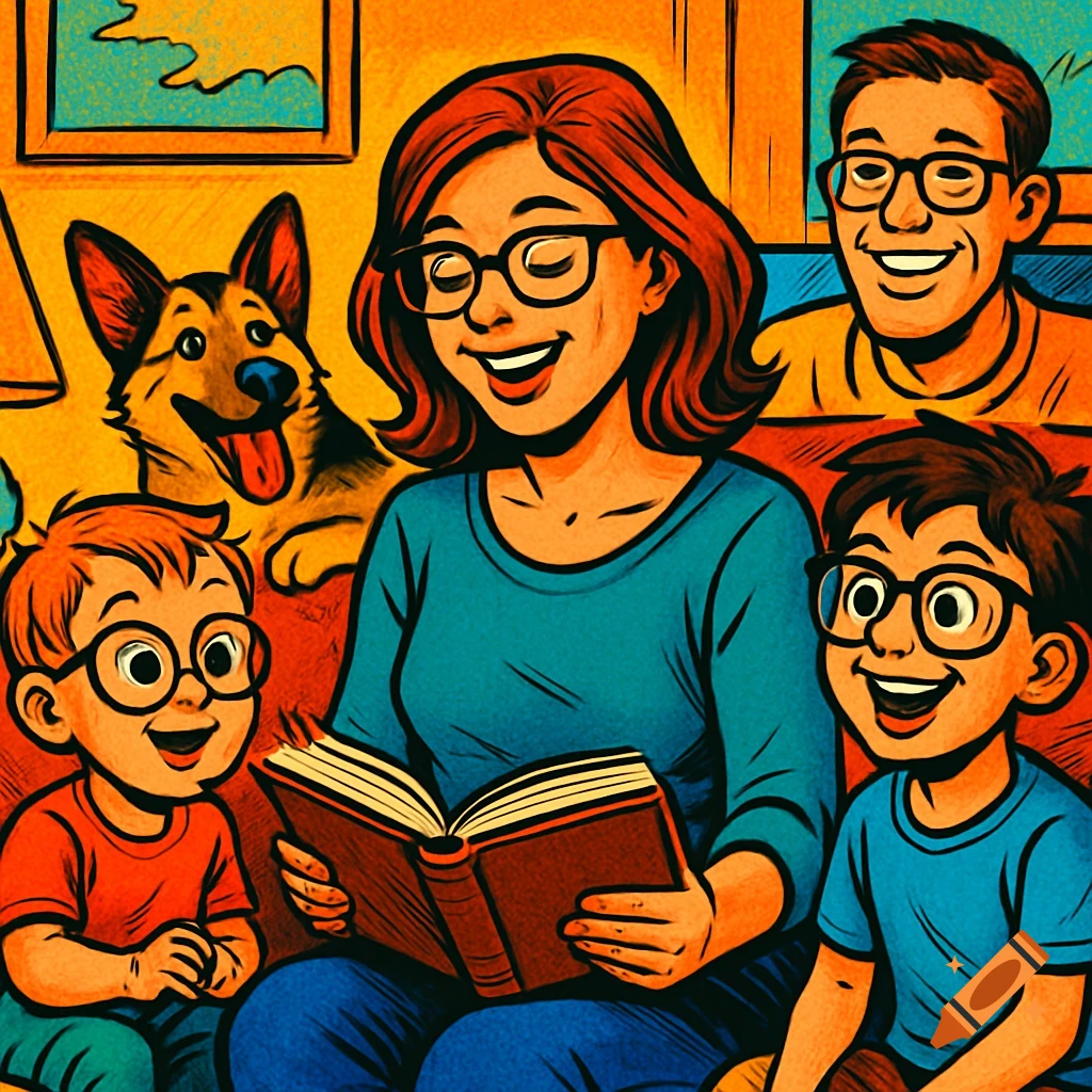 A comic-style illustration of a mother with glasses reading a book to two young boys, also with glasses, while a man and a dog smile in the background.