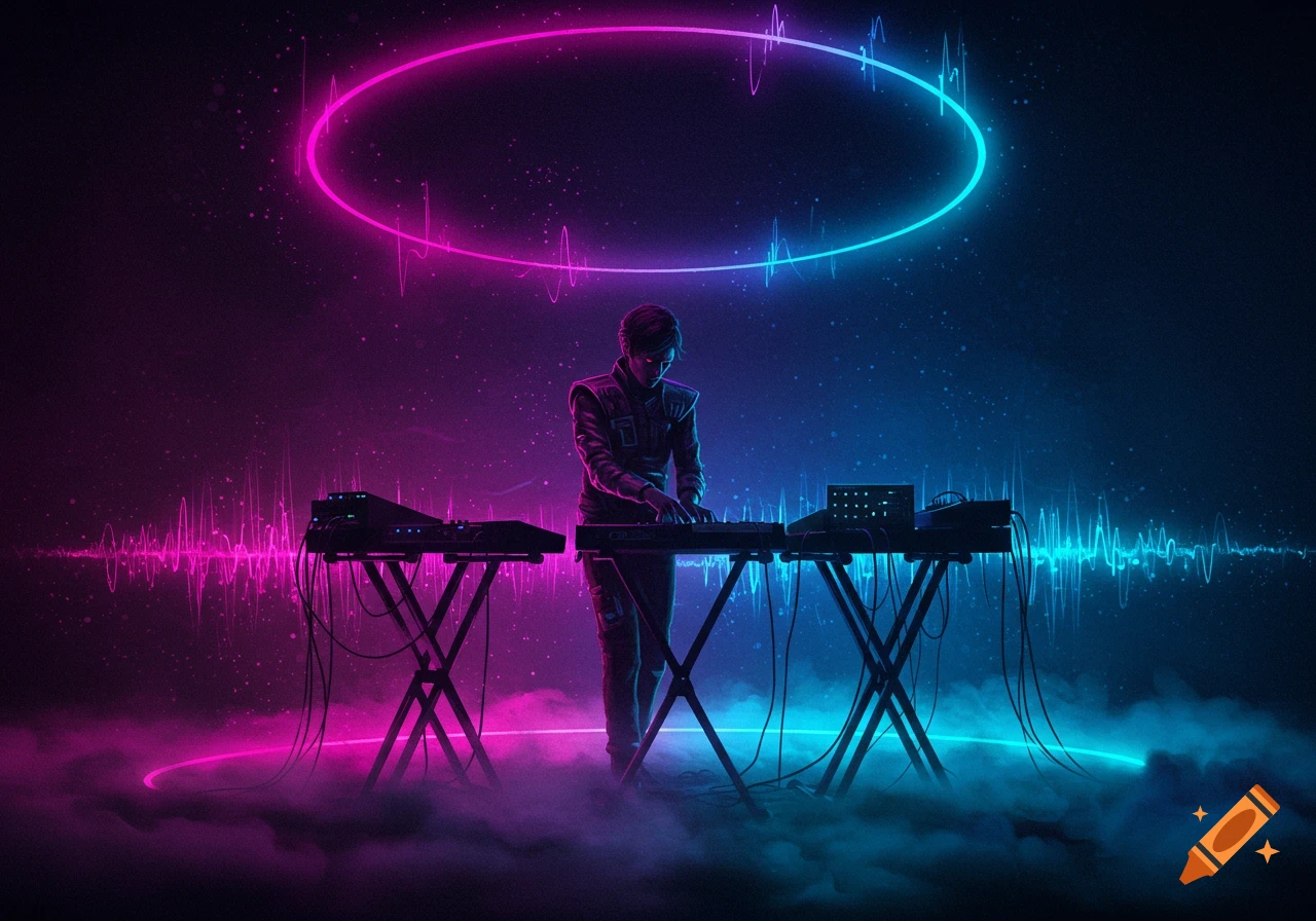 A futuristic synth artist performs on multiple keyboards on a dark stage, surrounded by vibrant pink and blue neon lights and sound wave graphics.