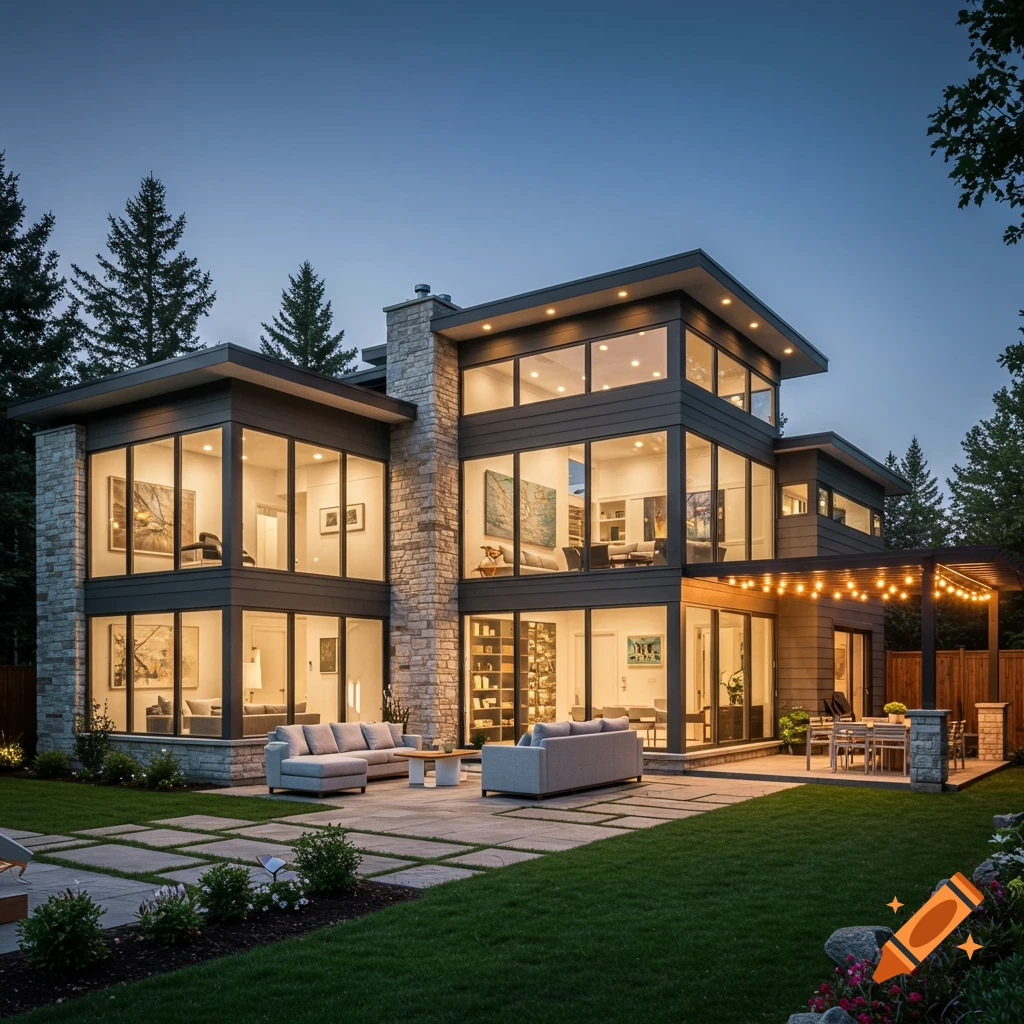 A luxurious modern house at dusk with large windows, glowing interiors, a patio with outdoor seating, and surrounded by trees.