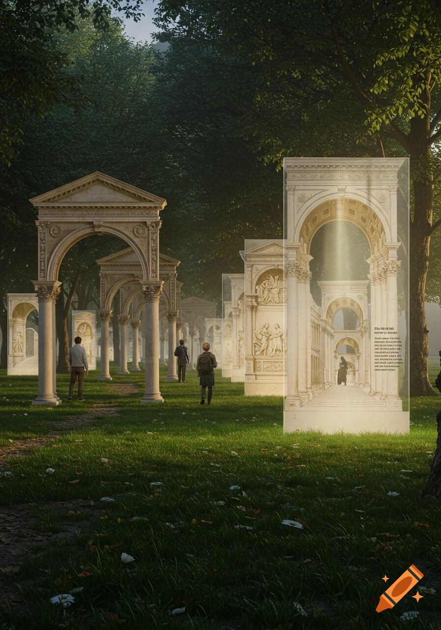 People walk through a park lined with classical arches, some transparent with architectural drawings, leading to a bright light.