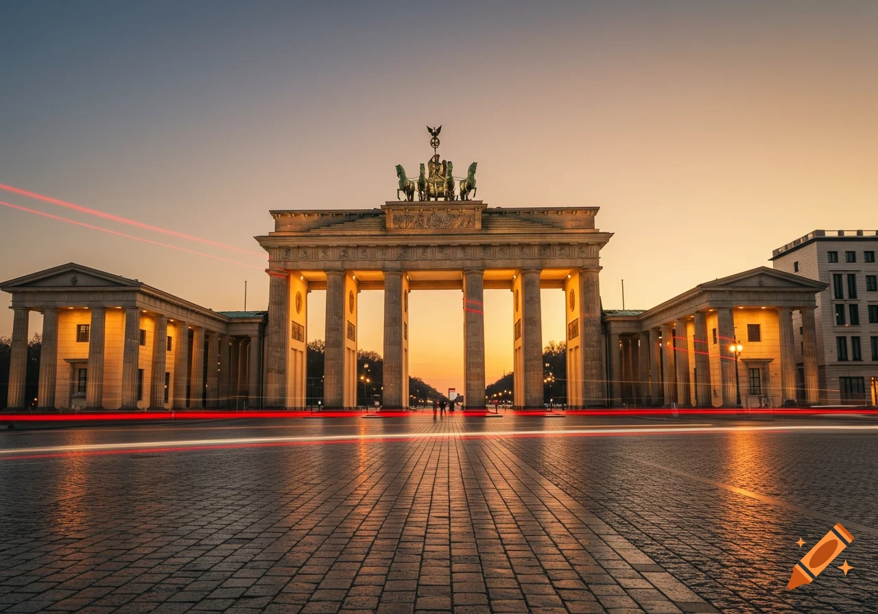 Photorealistic long exposure shot of the Brandenburg Gate at sunset, with red and white light trails on wet cobblestone.
