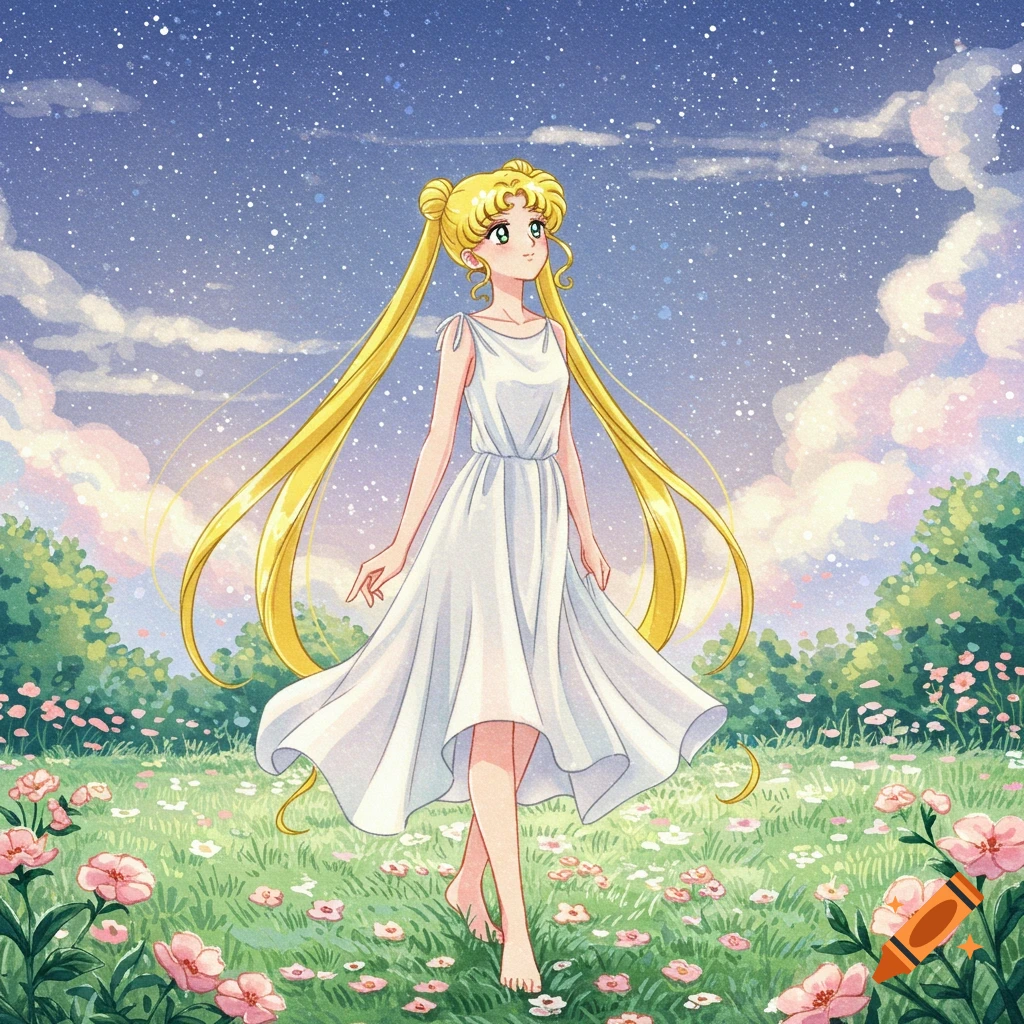Anime illustration of Usagi Tsukino with long blonde pigtails, in a white dress, walking barefoot through a field of pink and white flowers under a starry sky.