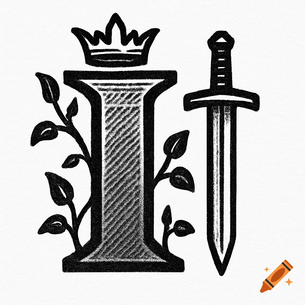 Black-and-white woodcut-style illuminated capital letter I, with a crown, ivy vines, and a sword.