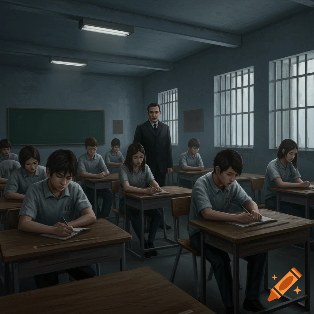 An authoritarian teacher stands in a dimly lit classroom as students in uniforms write silently at their desks, evoking a prison-like atmosphere.