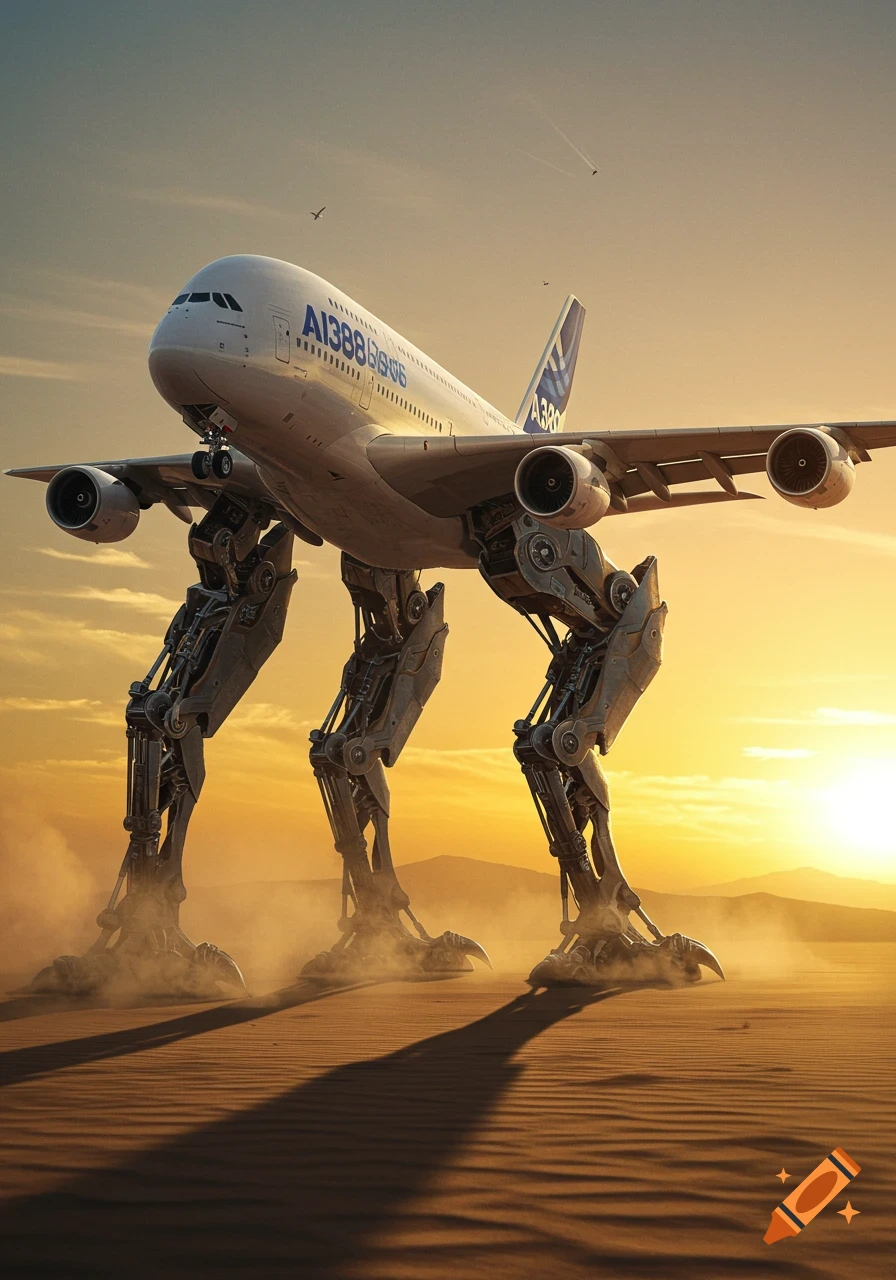 A gigantic white Airbus A380 airplane stands on four large metallic robotic legs in a vast desert landscape at sunset, kicking up dust.
