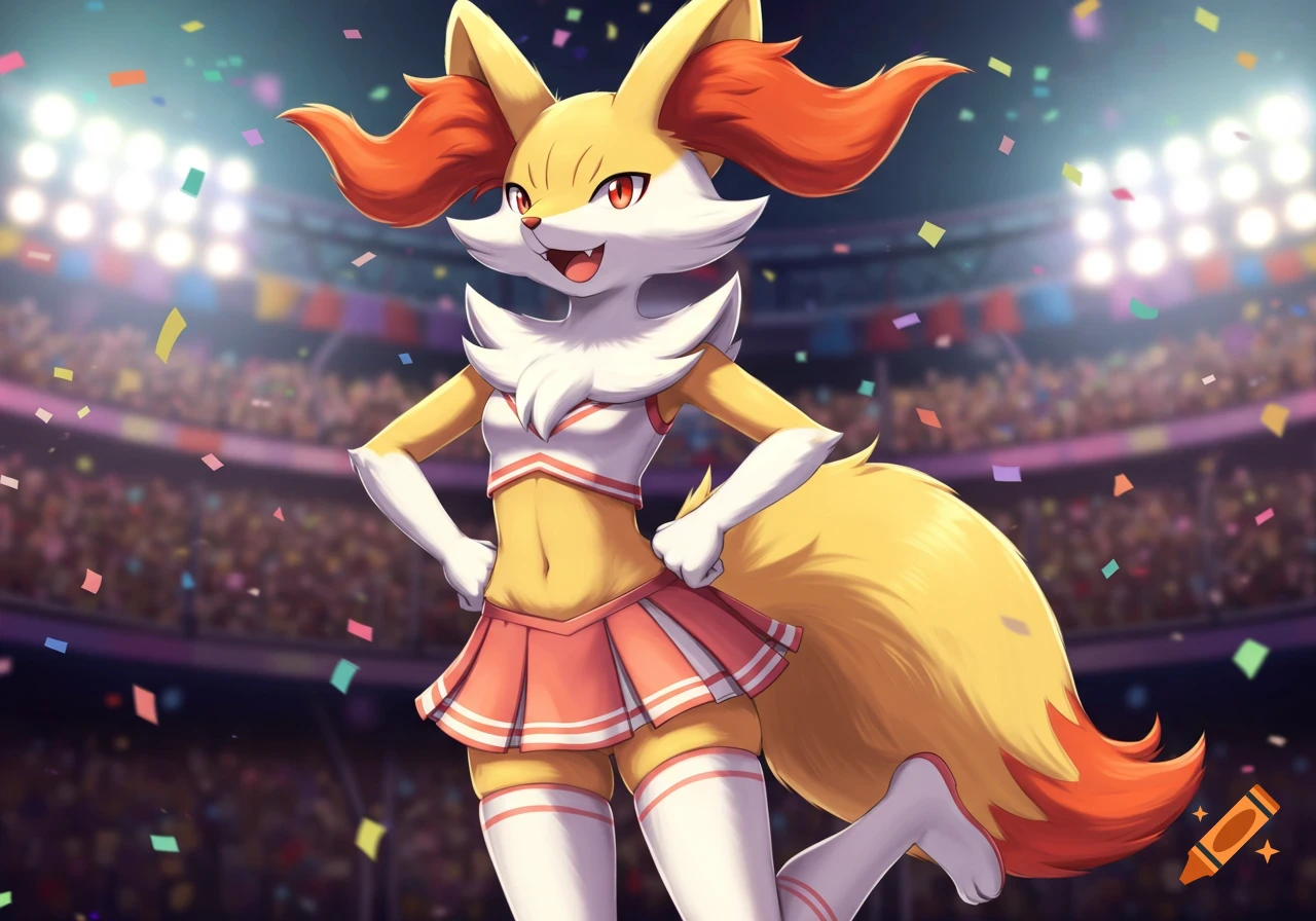 Braixen, a fox-like Pokemon, in a cheerleader uniform, standing in a stadium with confetti falling, in an anime style.