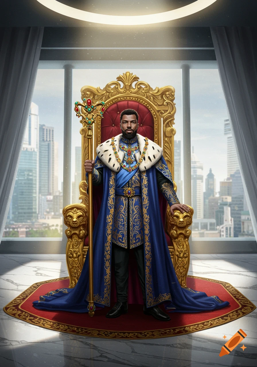 A Black king in a blue and gold regal robe with a fur collar sits on an ornate golden throne, holding a jeweled scepter, overlooking a modern city.