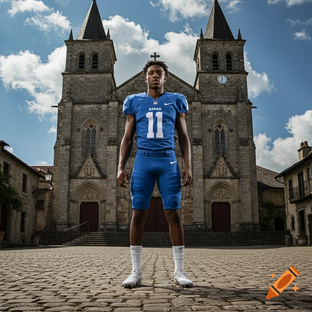 A male football player in a blue Nike jersey with number 11 stands on a cobblestone square in front of an old stone church.