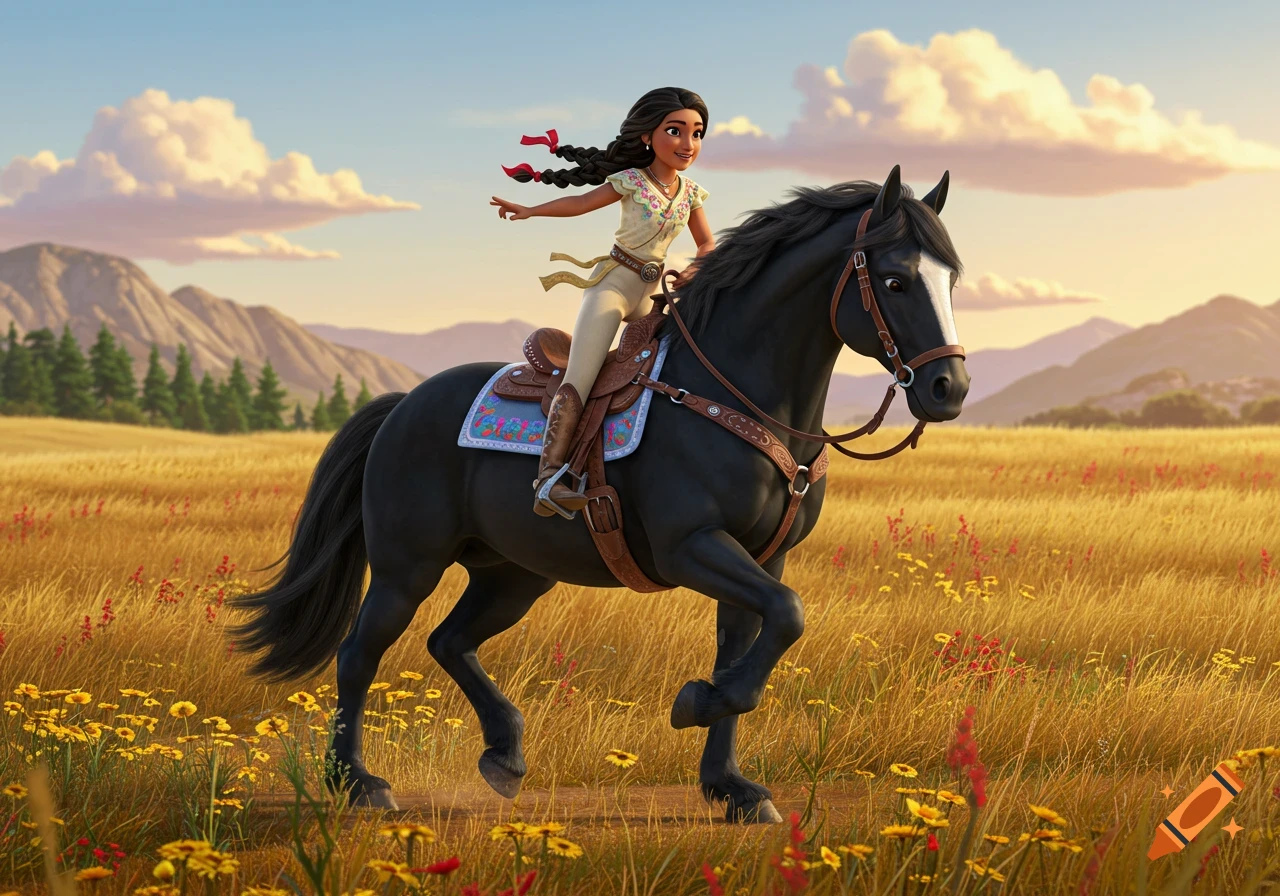 Animated girl on a black horse galloping through a golden field with mountains and a cloudy sky in the background.