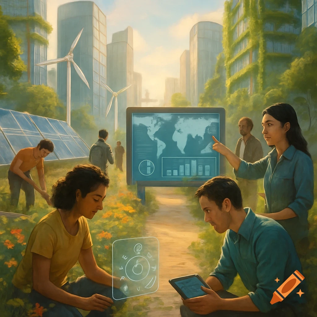 People in a lush, futuristic city with green buildings, solar panels, and wind turbines, interacting with data screens and technology.