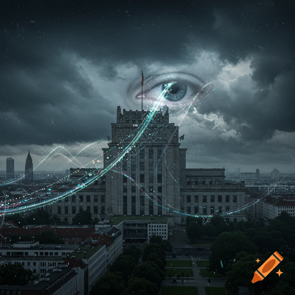 A gigantic blue eye peers from a stormy sky over a grand, imposing city building, with glowing data streams arcing around it.