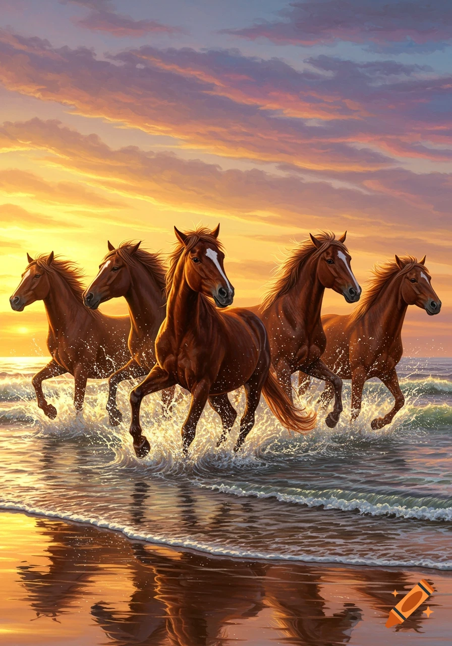 Five brown horses gallop through ocean waves at sunset under a vibrant orange and purple sky.