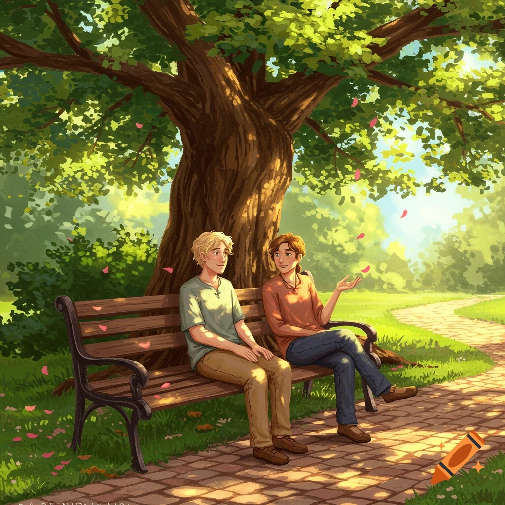 Two people chat on a park bench under a large tree in a bright, illustrated scene.