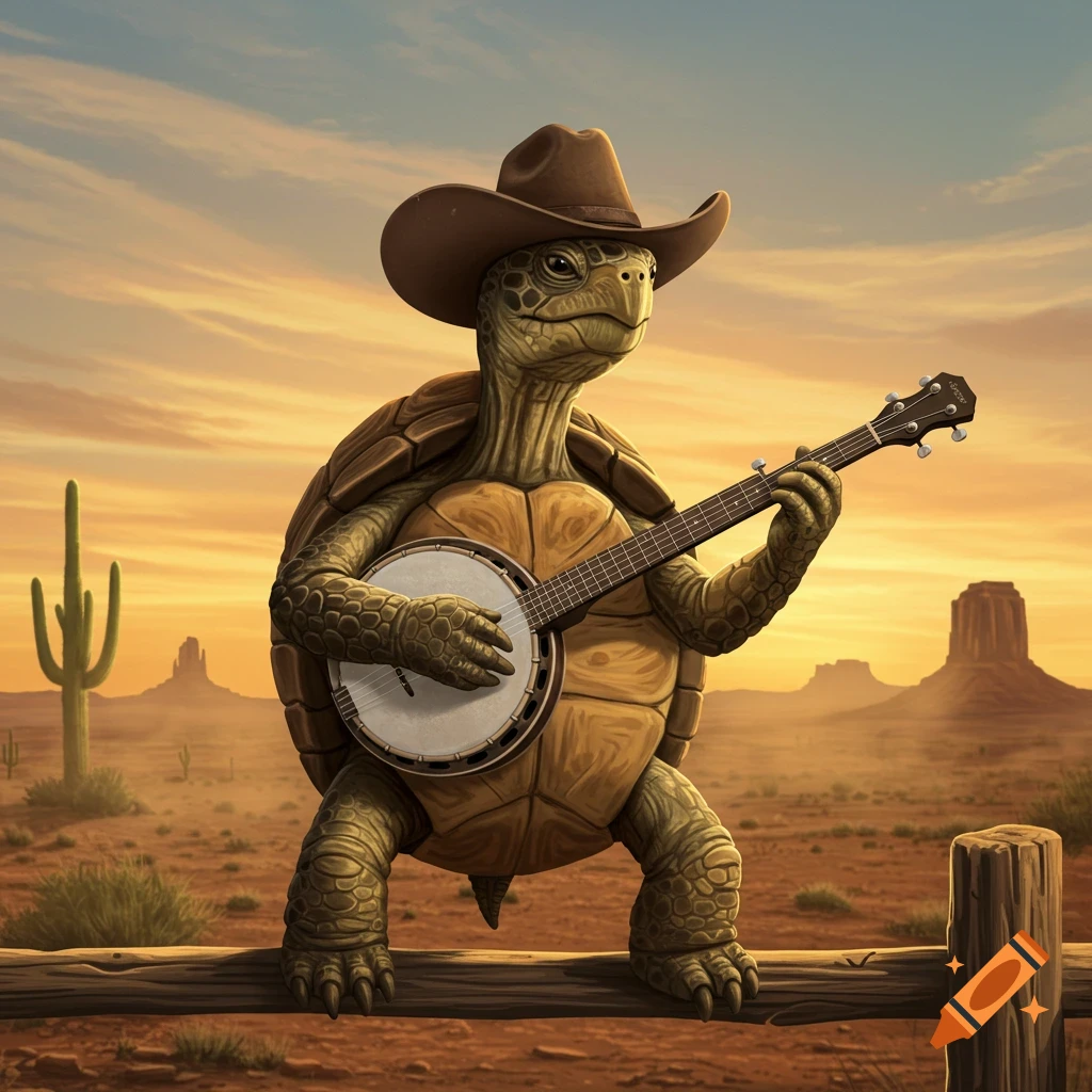 A cartoon turtle wearing a cowboy hat plays a banjo in a desert landscape at sunset.