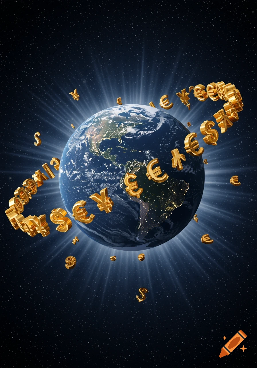 A blue Earth with city lights and shiny golden currency symbols (dollar, euro, yen) orbiting it in a starry space background with light rays.