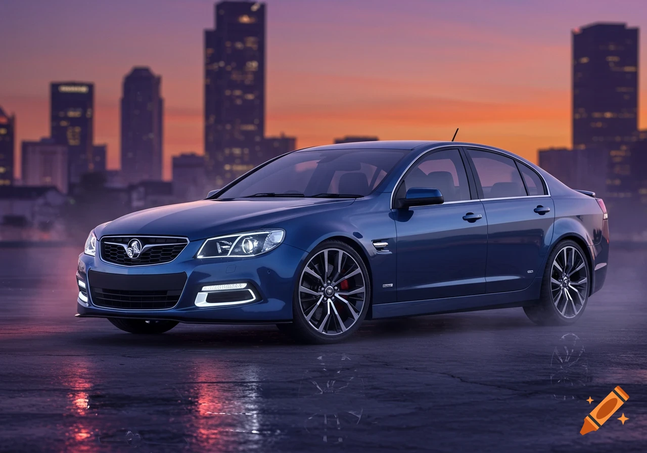 A dark blue sedan with red brake calipers is parked on a wet street with city reflections, against a vibrant orange and purple sunset skyline.