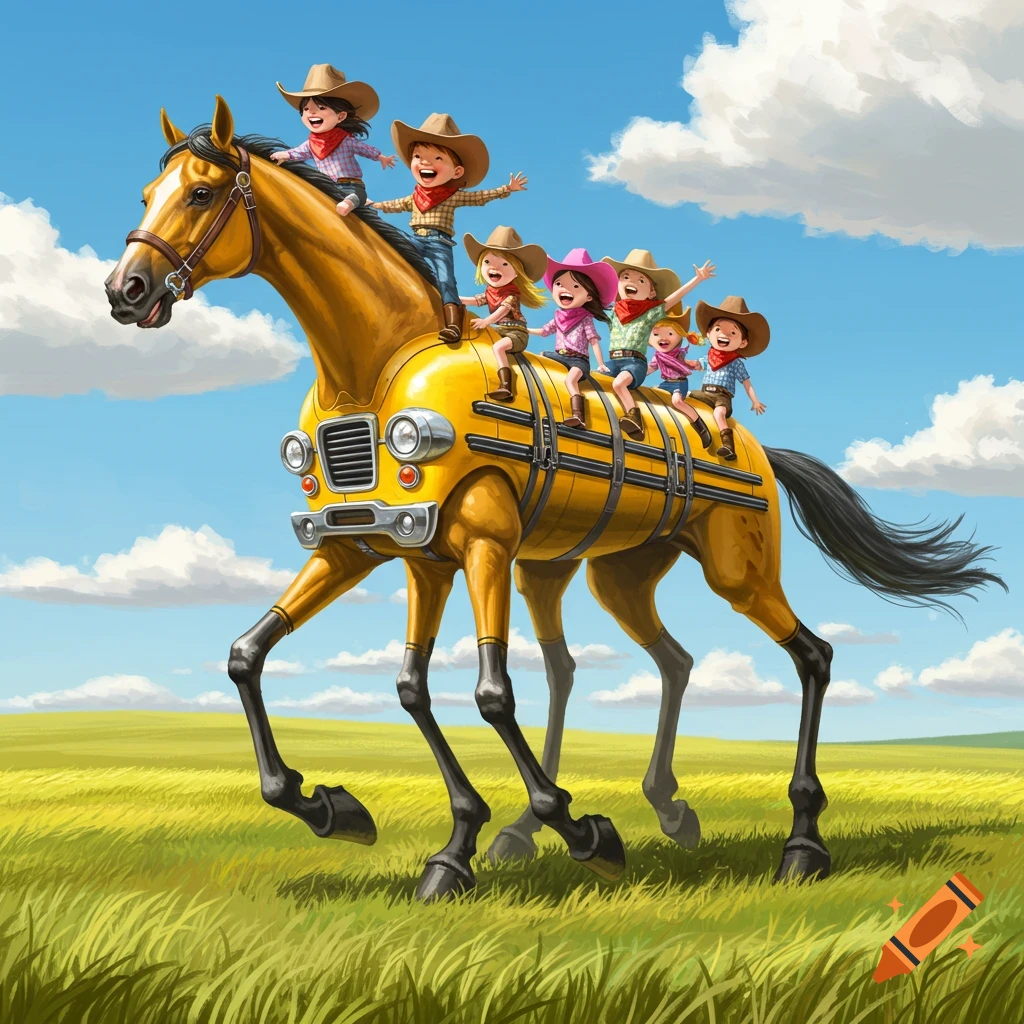 A whimsical, cartoonish image of a school bus-bodied horse with many legs, carrying several smiling children in cowboy hats across a grassy field under a blue sky.