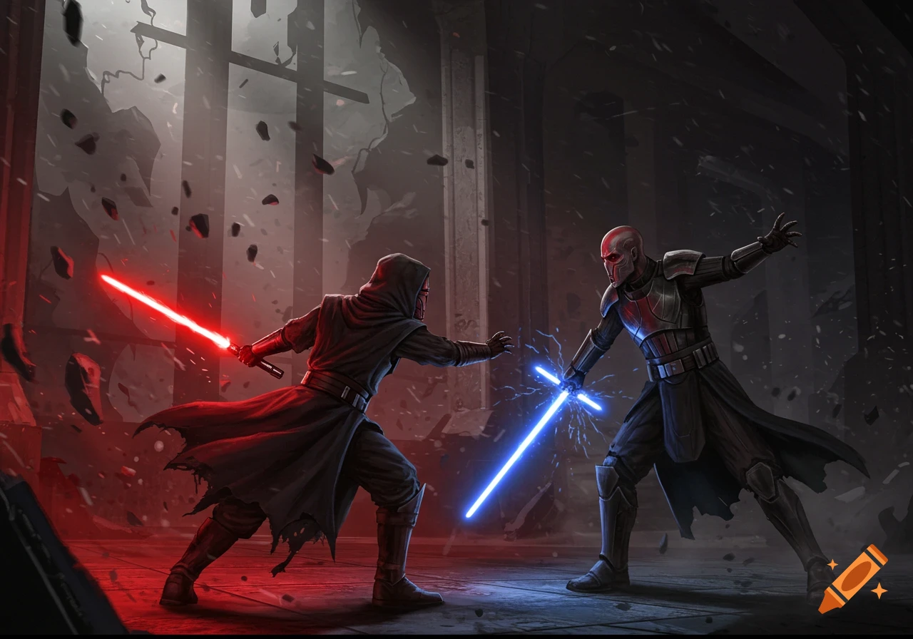 Darth Revan wielding a red lightsaber battles Darth Malgus with a blue lightsaber in a crumbling, dark environment.
