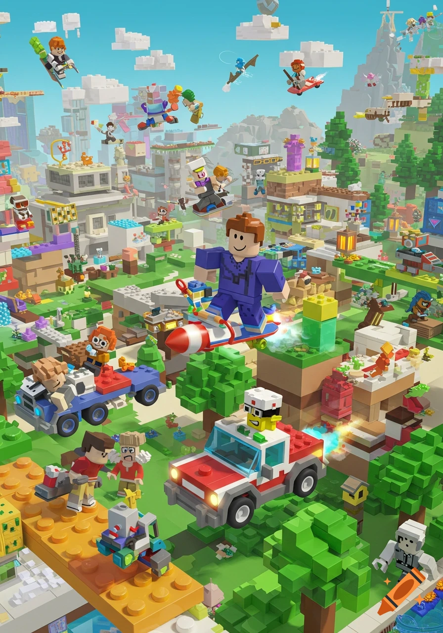 A vibrant block-style world with many Roblox-like characters flying, driving vehicles, and exploring a landscape of colorful buildings and floating islands under a blue sky.