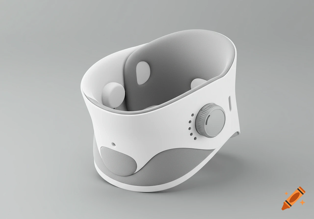 A minimalist white and grey cervical collar, a medical device for neck pain relief, with a dial adjustment, on a neutral grey background.