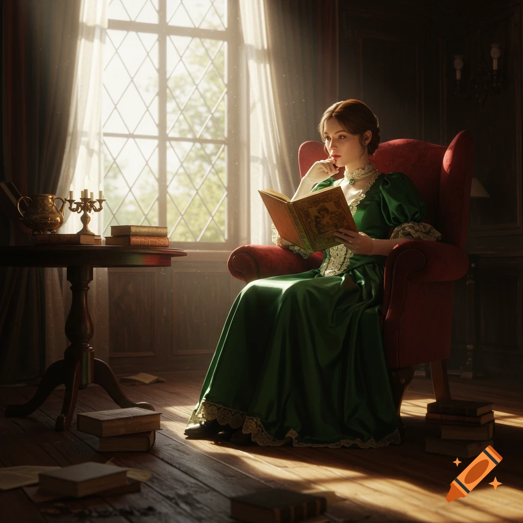 A woman in a green dress sits in a red armchair, reading a book in a sunlit 19th-century room with books on the floor.