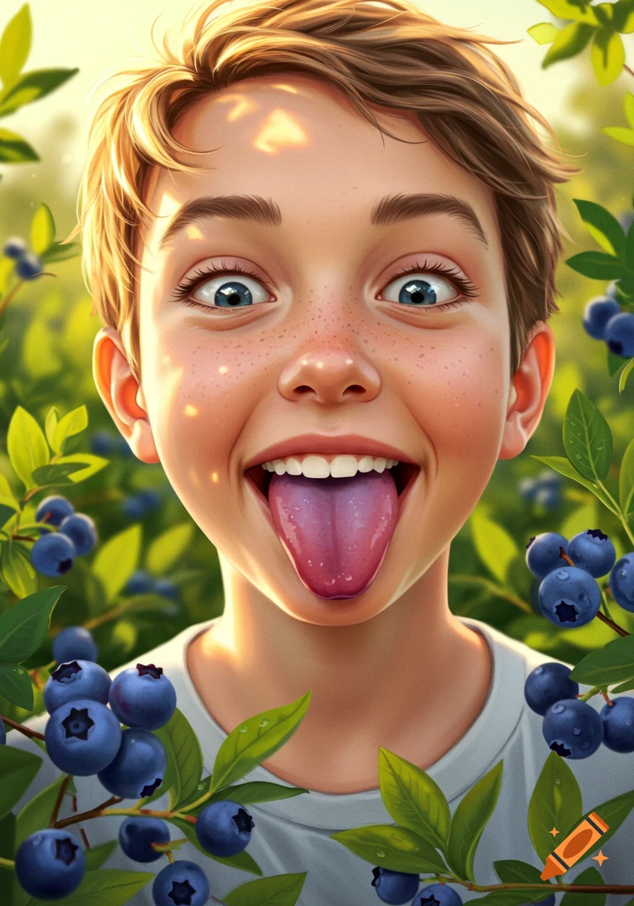 A joyful illustration of a young boy with wide eyes, freckles, and a purple tongue, surrounded by blueberries.