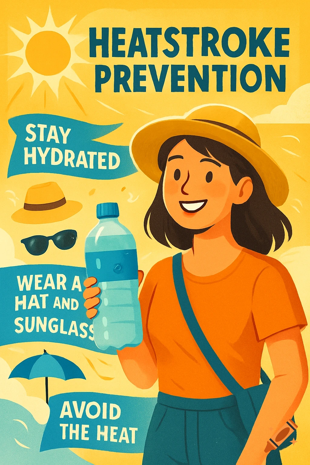 Illustration of a woman in a hat holding water on a heatstroke prevention poster with tips like 'Stay Hydrated' and 'Avoid the Heat'.