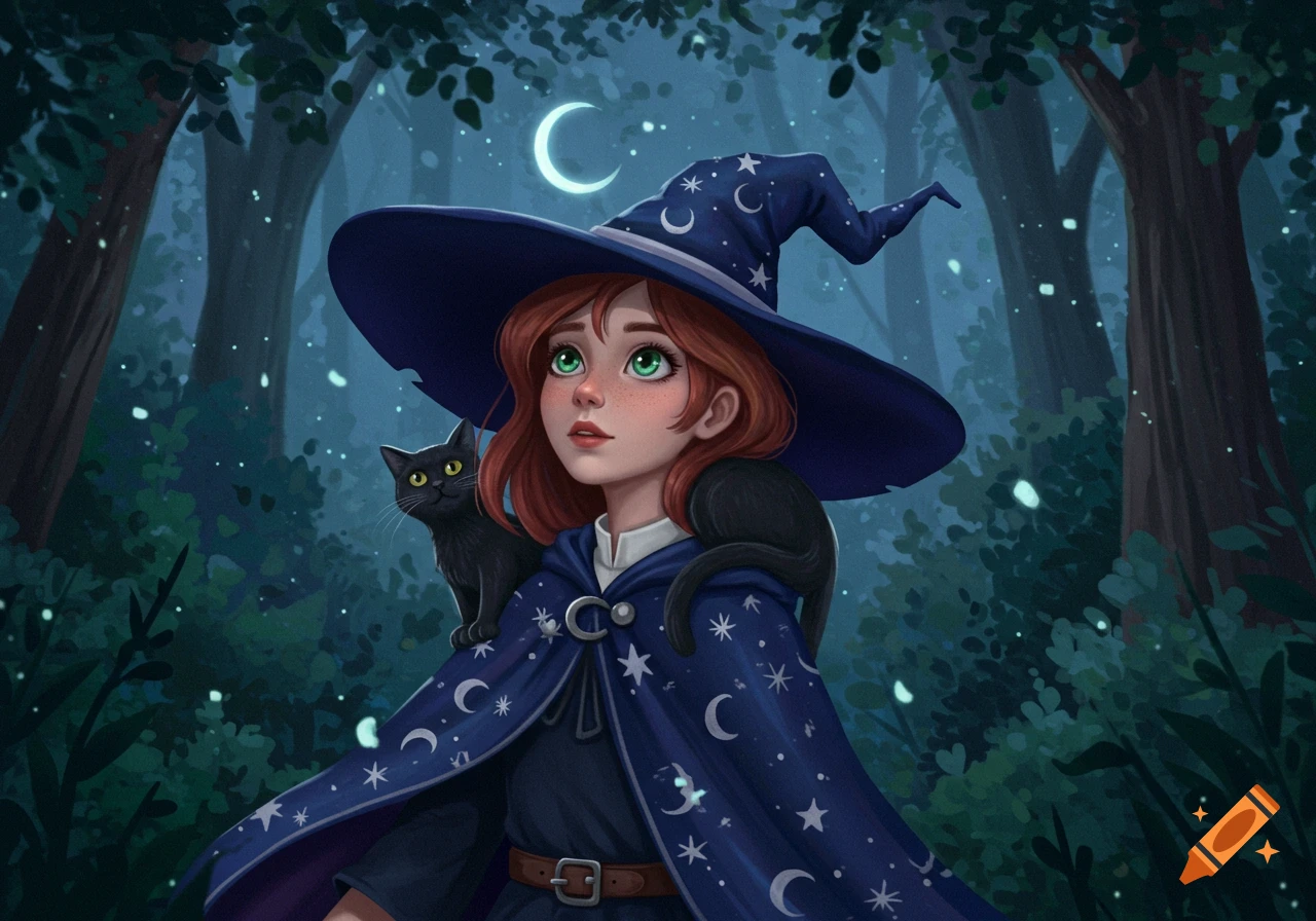 Stylized illustration of a young witch with green eyes and red hair, wearing a blue hat and cloak with stars and moons, with a black cat on her shoulder, in a dark forest at night with a crescent moon.
