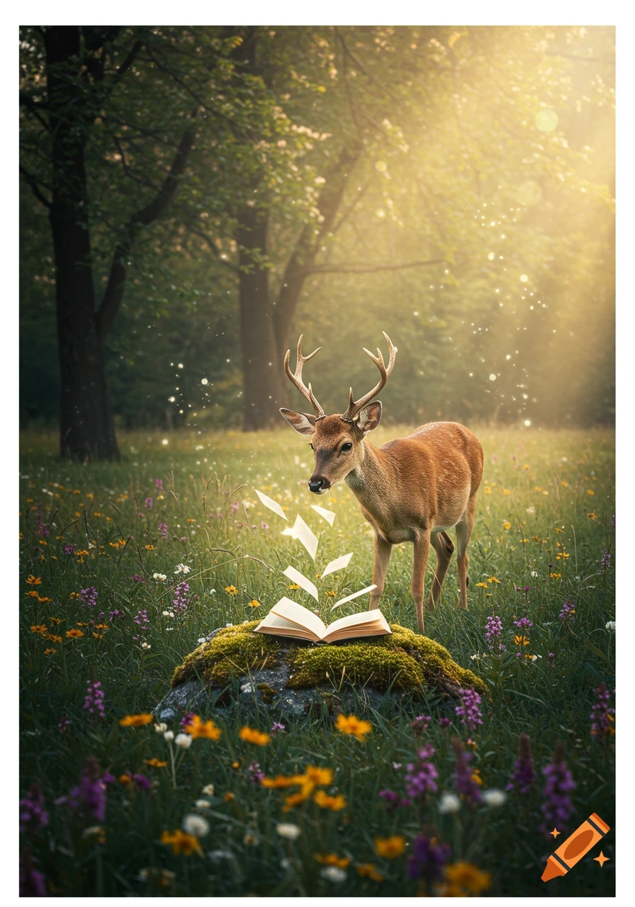 A majestic deer looks at an open book on a mossy rock in an enchanted forest clearing with glowing sunlight.