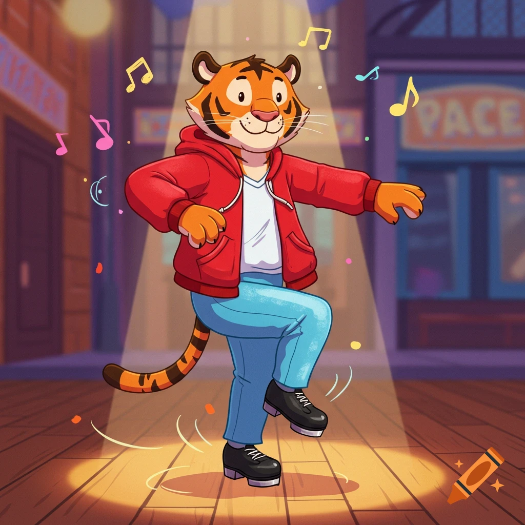 A friendly cartoon anthropomorphic tiger in a red hoodie and blue pants tap dances under a spotlight, surrounded by musical notes.
