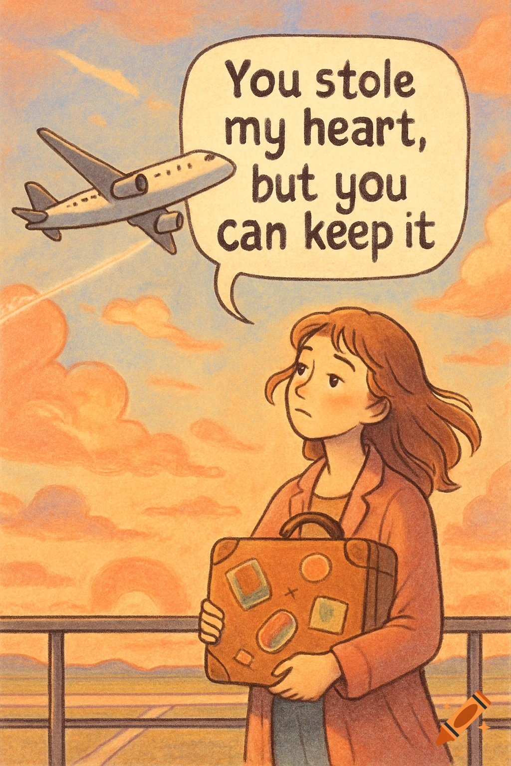 Illustrated sad woman at an airport with a suitcase, an airplane flying by, and a speech bubble saying "You stole my heart, but you can keep it."