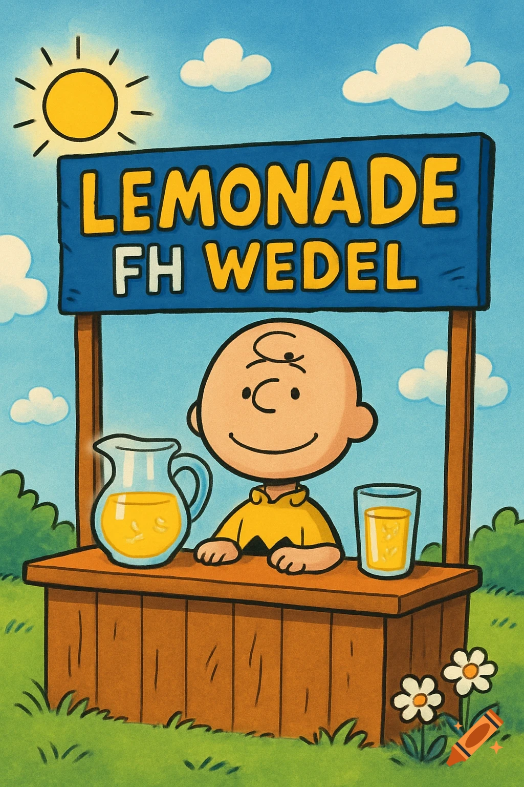 Charlie Brown smiles behind a lemonade stand with a "LEMONADE FH WEDEL" sign under a sunny sky in a classic cartoon style.
