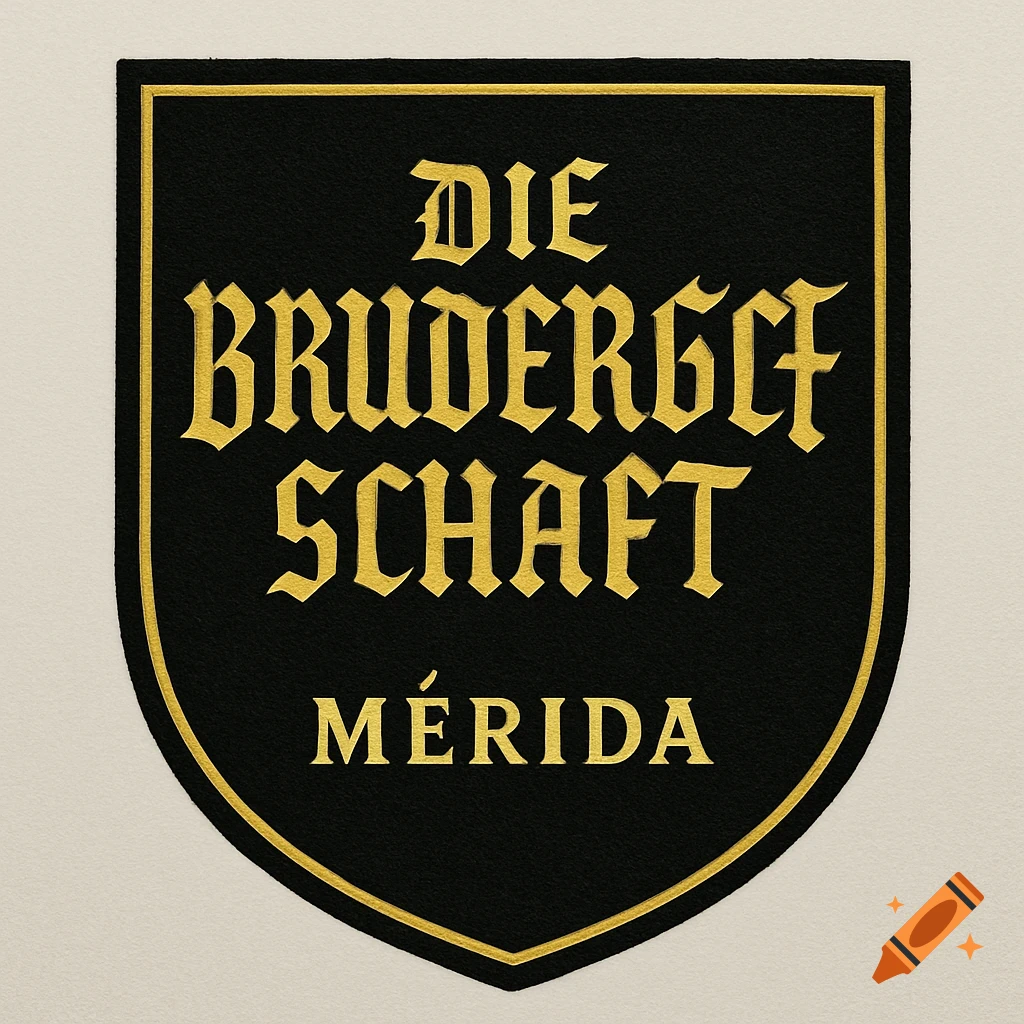 A black shield logo with a gold border and gold gothic text reading 'DIE BRUDERSCHAFT' and 'MÉRIDA'.