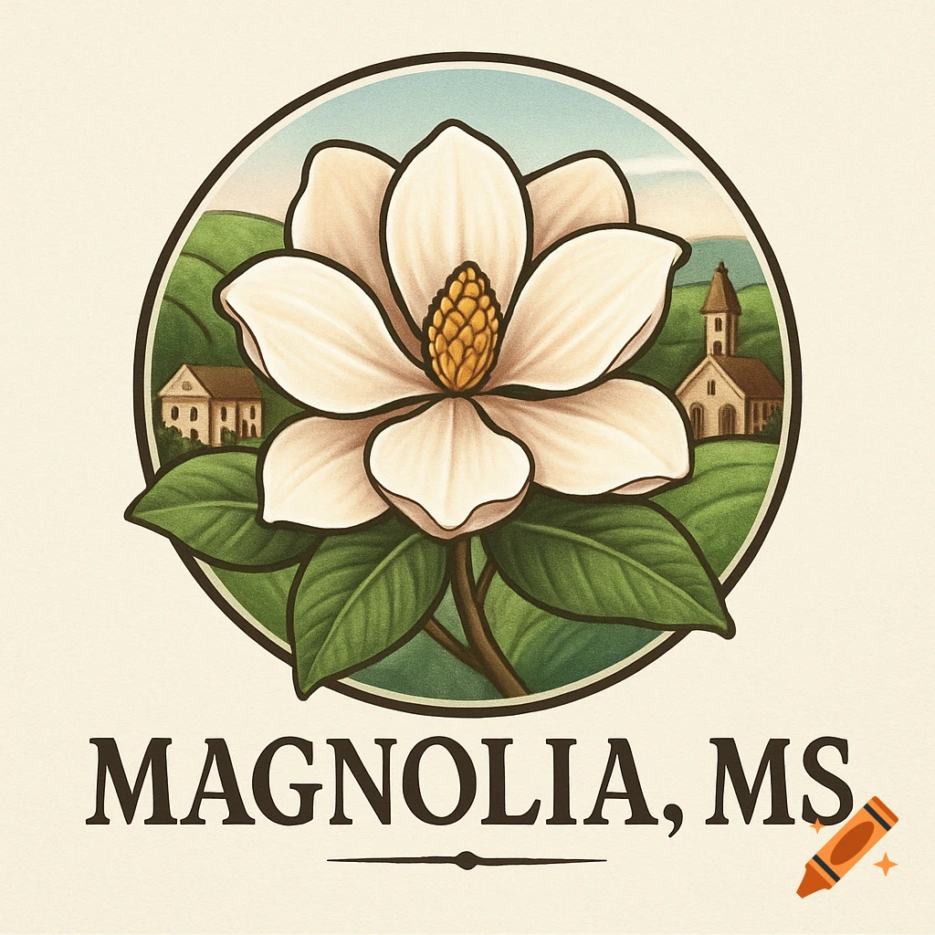 A vintage-style logo featuring a white magnolia flower, green hills with buildings, and the text 'MAGNOLIA, MS' on a light background.