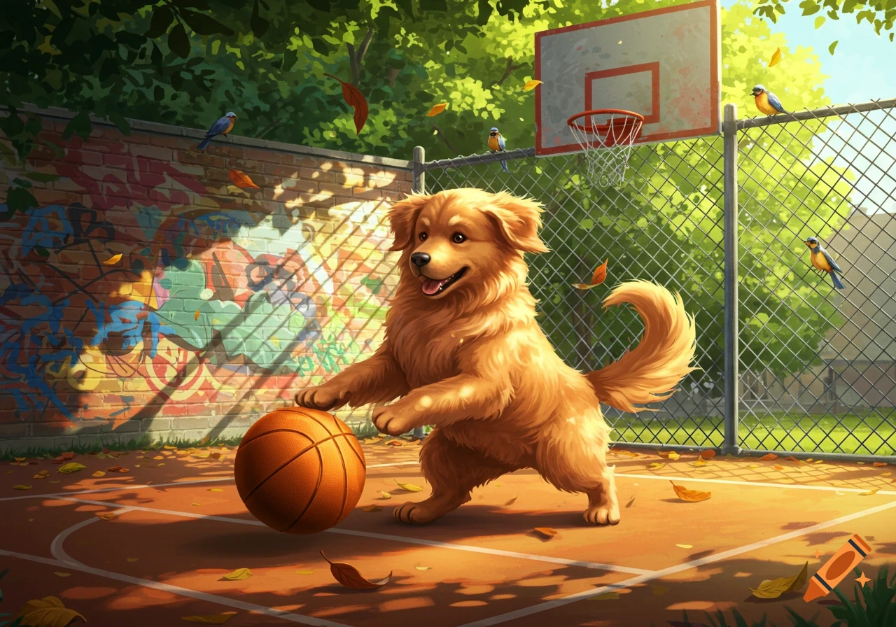 A happy golden retriever dog plays with a basketball on an outdoor court next to a graffiti-covered wall, in an illustration.