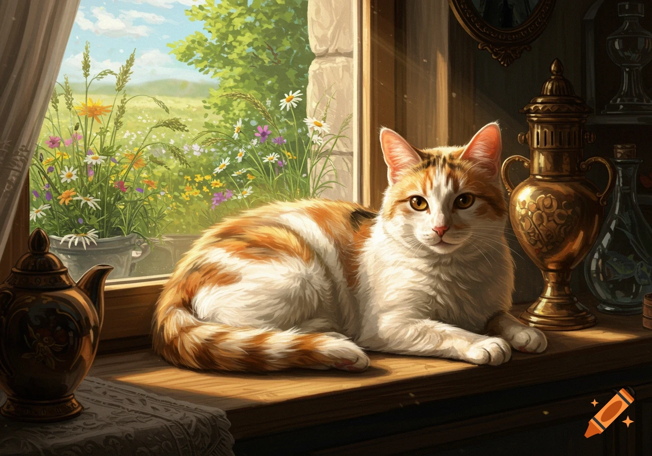 An orange and white tabby cat lies on a sunlit wooden windowsill, looking out at a vibrant field of wildflowers.