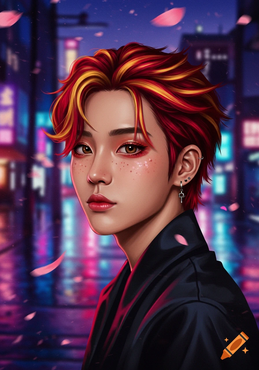 A vibrant digital art portrait of a person with red and yellow hair, dramatic makeup, and earrings, against a neon cyberpunk city background with falling petals.