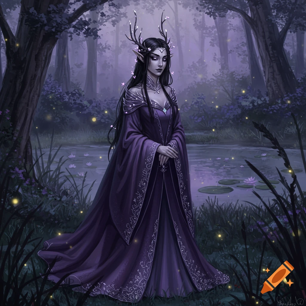 A dark-haired elven princess with antlers and a long purple gown stands in a magical forest beside a pond with lily pads and glowing lights.