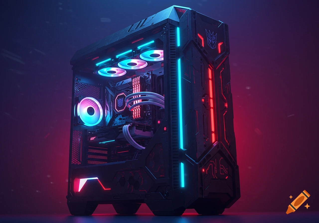 A dark custom PC build illuminated with vibrant red and blue RGB lights and a Decepticon logo, against a dark background.