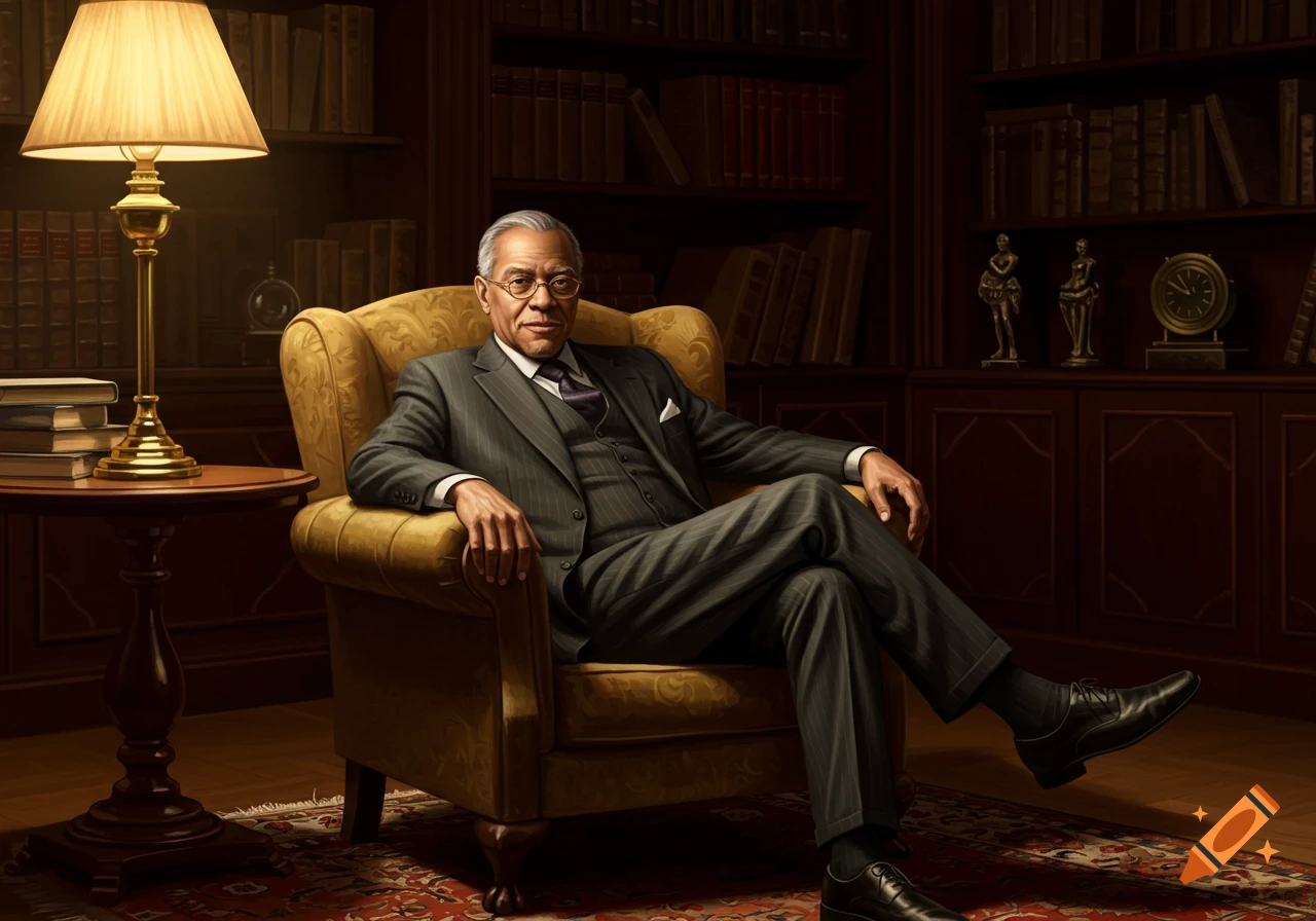 A distinguished older man in a pinstripe suit sits in a yellow armchair in a dimly lit library.