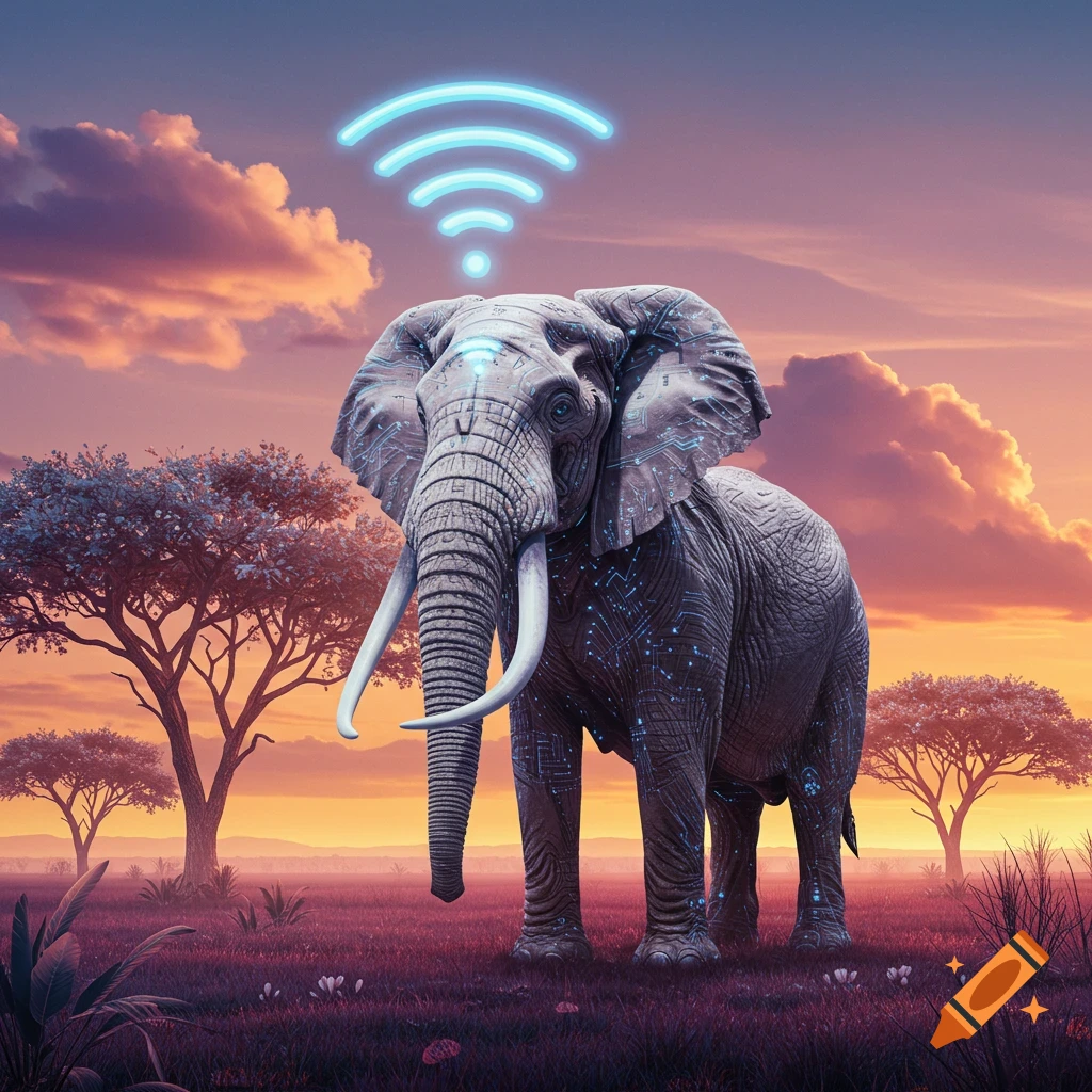 A majestic elephant with glowing circuit patterns on its skin stands in a savanna at sunset, with a glowing blue WiFi symbol above its head.